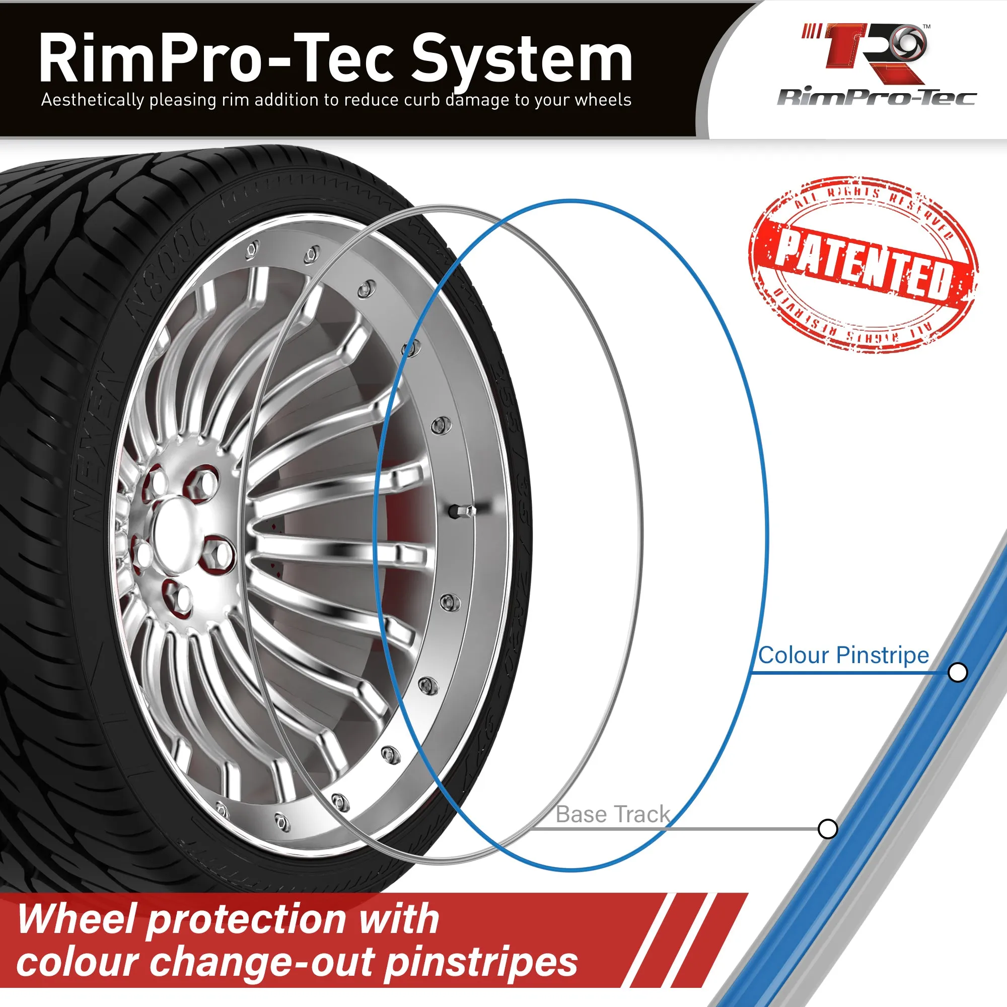 4x Silver Base's 4x Light Blue  Pinstripe's / RimPro-Tec® Wheelbands™ car wheel styling kit