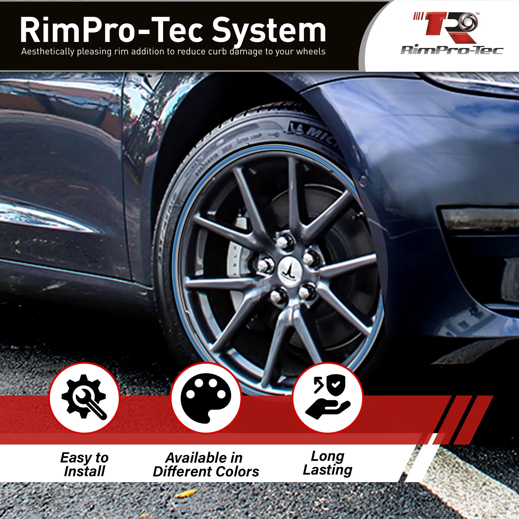 4x Silver Base's 4x Light Blue  Pinstripe's / RimPro-Tec® Wheelbands™ car wheel styling kit