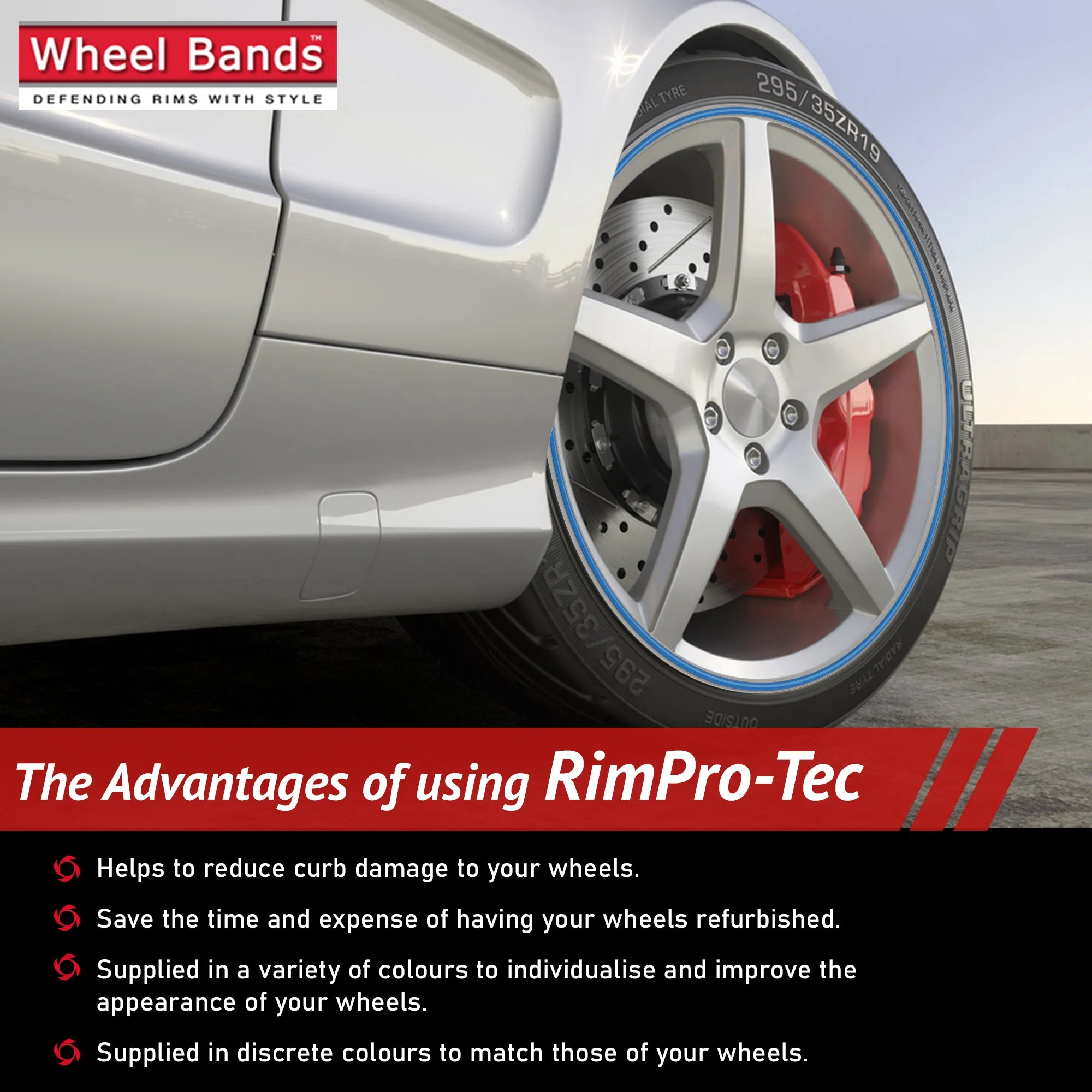 4x Silver Base's 4x Light Blue  Pinstripe's / RimPro-Tec® Wheelbands™ car wheel styling kit
