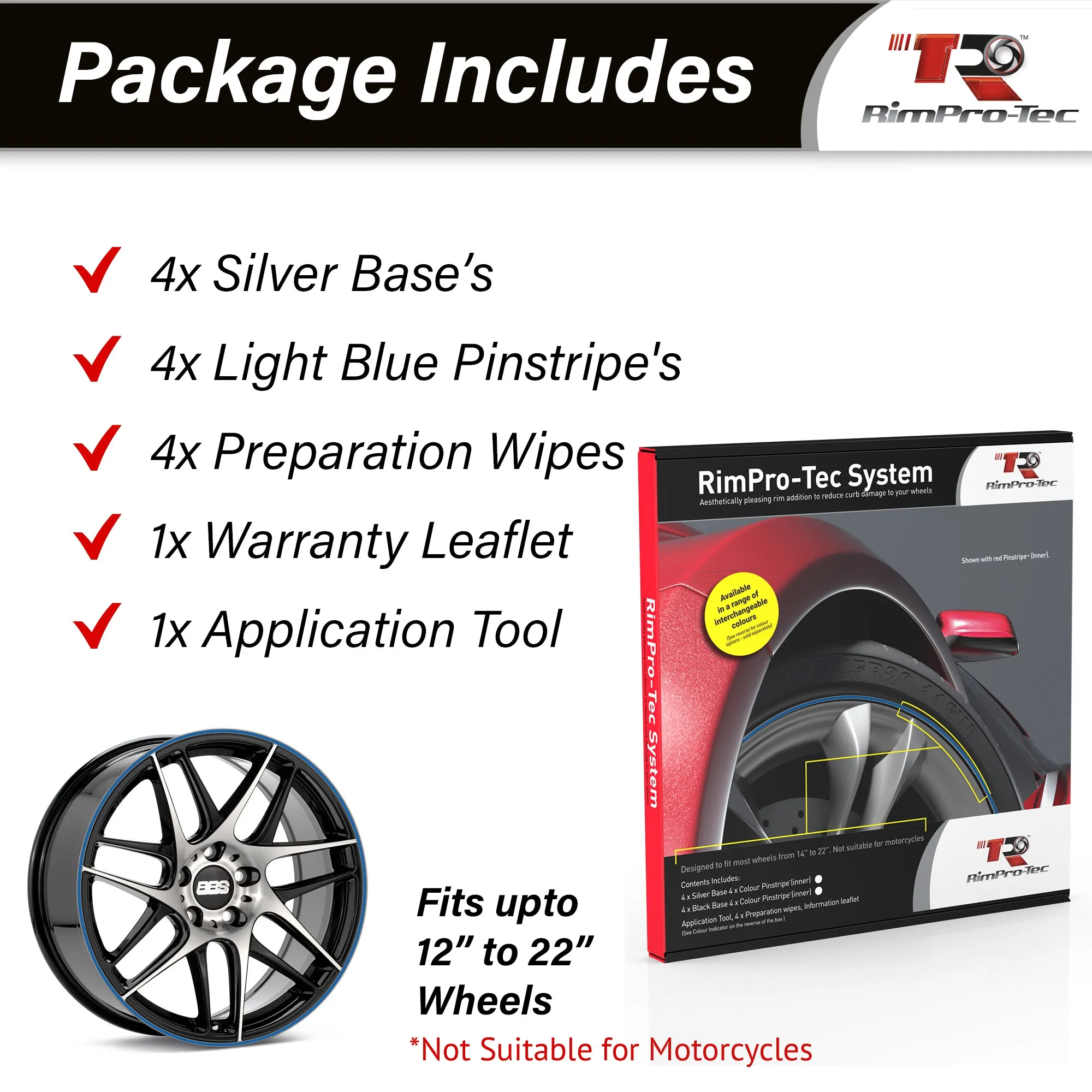 4x Silver Base's 4x Light Blue  Pinstripe's / RimPro-Tec® Wheelbands™ car wheel styling kit