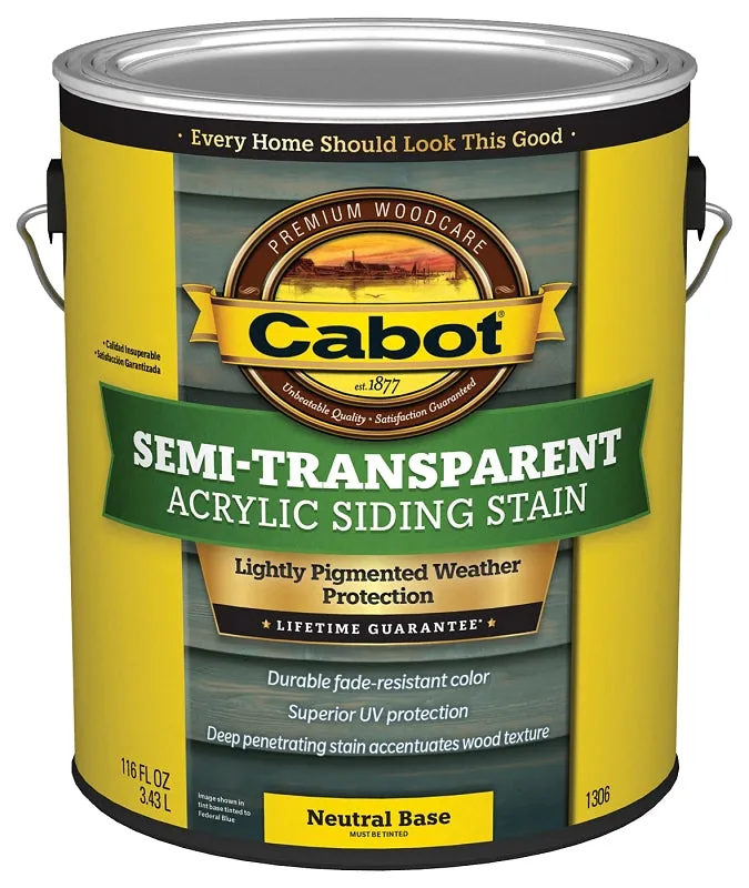 Cabot 140.0001306.007 Acrylic Siding Stain, Semi-Transparent, Neutral Base, Liquid, 1 gal :GAL: QUANTITY: 4