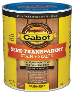 Cabot 16300 Series 140.0016306.005 Exterior Stain, Semi-Transparent, Neutral Base, Liquid, 1 qt :QUART: QUANTITY: 1