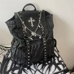 Fashion Women Chain Rivet Black Punk Goth Y2k Bag Backpack Skeleton