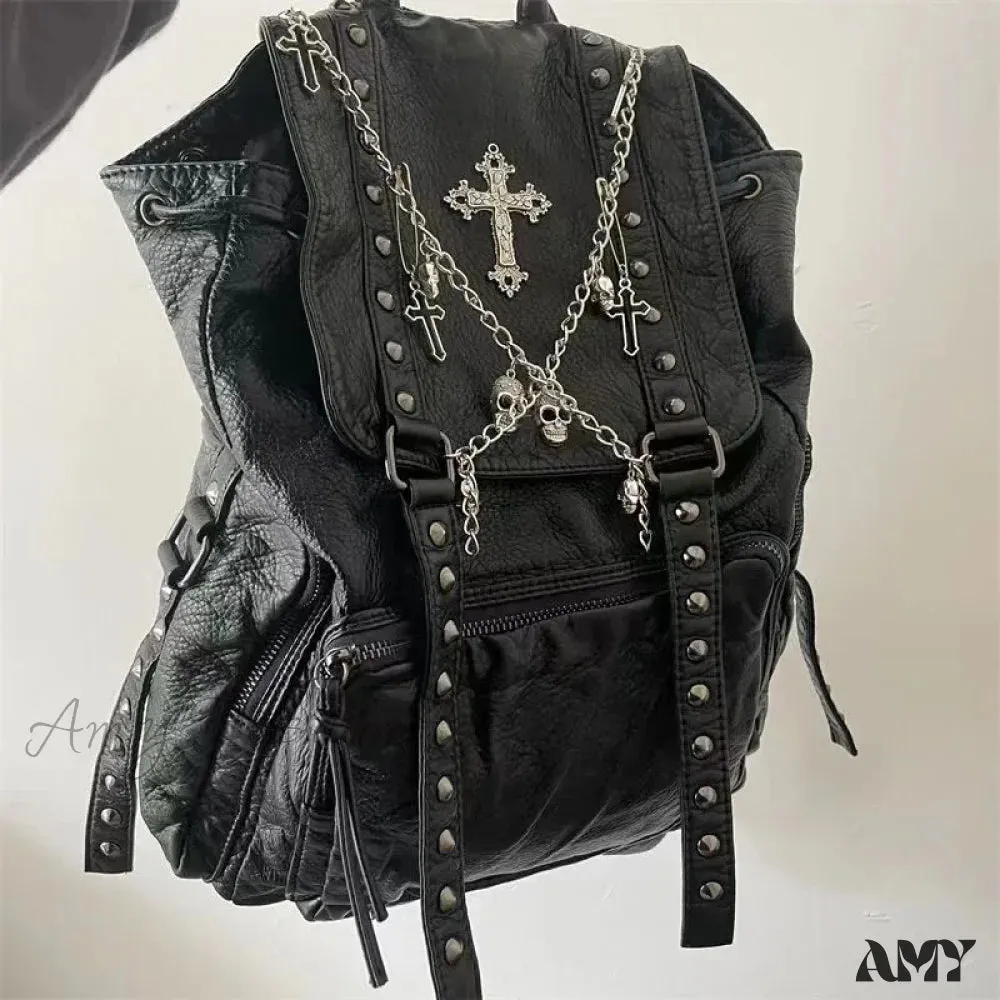Fashion Women Chain Rivet Black Punk Goth Y2k Bag Backpack Skeleton