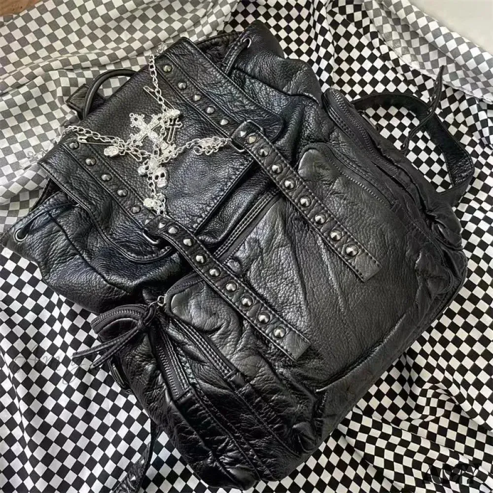 Fashion Women Chain Rivet Black Punk Goth Y2k Bag Backpack Skeleton