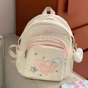 Sohiwoo Sweet Cute Backpack for Women Heart Star Letter White Corduroy Handbag New College Style Fresh Casual Fashion Shoulder Bag